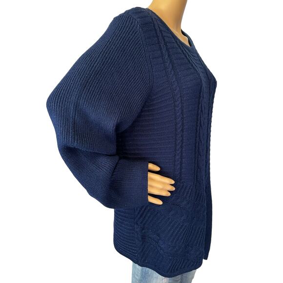 2/$15 Dana Buchman Asymmetrical Cable Knit Sweater Midnight Blue Shimmer Sz 2XL - Picture 3 of 8